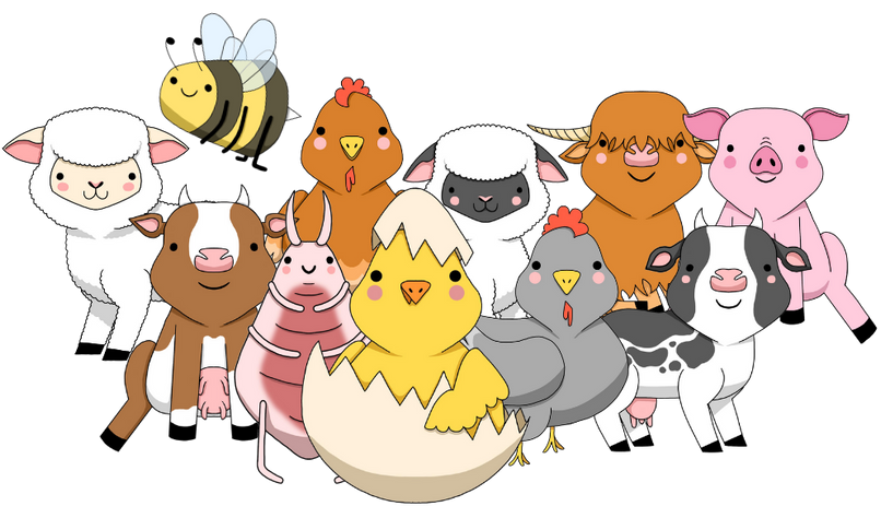 Illustration av en samling djur i gullig stil. Djuren består av får, kor, hönor, gris, kyckling i äggskal och ett bi.