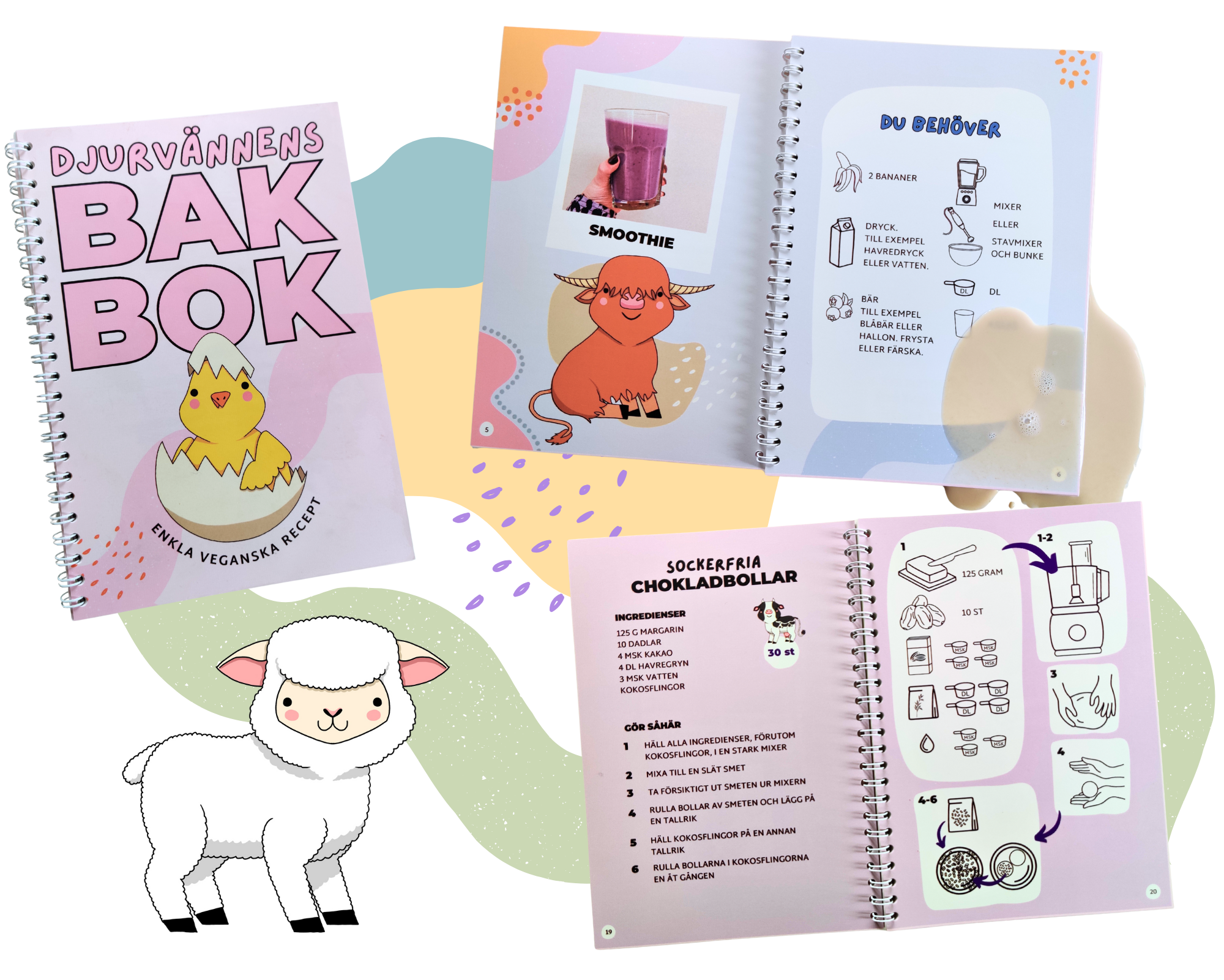 Fotokollage med bokens framsida och två uppslag med receptsidor. Ett uppslag har spilld havremjölk. Färgglada osymmetriska former runt fotona.